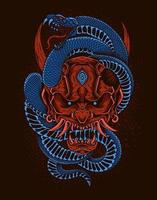 illustration red oni mask with snake vector