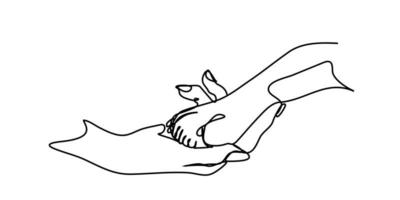 continuous line A dog is giving a paw to a person. dog paws in human hand vector