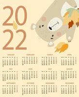 Annual Calendar for 2022. Cute bear with autumn leaves on a yellow background. Vector illustration. Vertical calendar template A3 for 12 months in English. Week starts on Monday. Stationery, decor