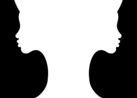 two young women white silhouette faces making a vase shape optical negative space illusion. Beautiful girl double girl face contour pot shape. Vector isolated on black background