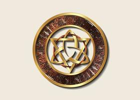 The Grand Seal of gold Triquetra with Triangle and bronze Circle logo, Luxury Metallic Frame Trinity Knot, Pagan Celtic symbol Triple Goddess. Wicca sign, book of shadows, vector isolated on white