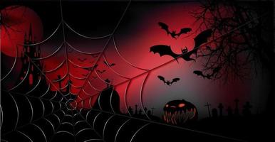 Halloween party banner, spooky dark red background, silhouettes of characters and scary bats with gothic haunted castle, horror theme concept, gold cobweb and dark graveyard, vector templates