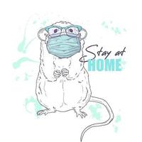 Hand drawn illustration of the cute rat in a medical mask Vector. vector
