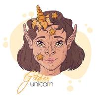 Ilustración dibujada a mano de la niña con un vector de cuerno de unicornio mágico.