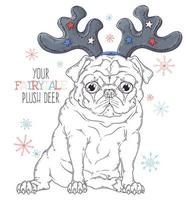 Hand drawn portrait of Christmas pug dog Vector. vector