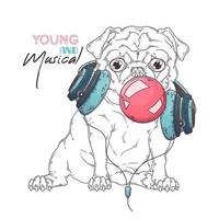 Hand drawn portrait of pug dog in accessories Vector. vector