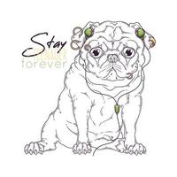 Hand drawn portrait of pug dog in accessories Vector. vector