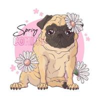 Hand drawn portrait of the pug dog with flowers Vector.