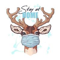 Hand drawn illustration of the cute deer in a medical mask Vector. vector