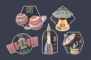 Hand drawn space stickers with thematic text collection Vector. vector