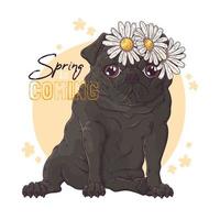 Hand drawn portrait of the pug dog with flowers Vector. vector