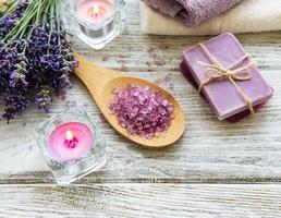 flat lay composition with lavender flowers and natural cosmetic