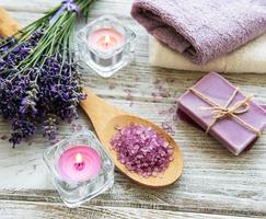 flat lay composition with lavender flowers and natural cosmetic photo