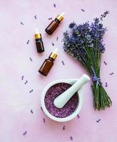 flat lay composition with lavender flowers and natural cosmetic photo