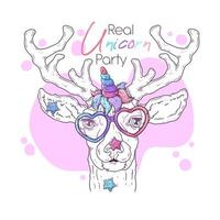 Hand drawn illustration of the cute deer with a magic unicorn horn Vector. vector