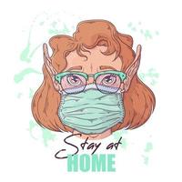 Hand drawn illustration of the cute girl in a medical mask Vector. vector