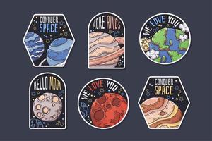 Hand drawn space stickers with thematic text collection Vector. vector