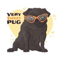 Hand drawn portrait of the pug dog in cute glasses Vector. vector
