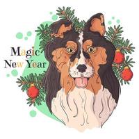 Hand drawn portrait of Christmas collie dog Vector. vector