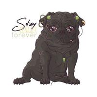 Hand drawn portrait of pug dog in accessories Vector. vector