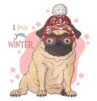 Hand drawn portrait of Christmas pug dog Vector. vector