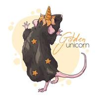 Hand drawn illustration of the rat with a magic unicorn horn. Vector. vector