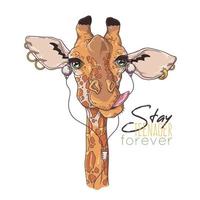 Hand drawn portrait of giraffe in accessories Vector.