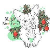 Hand drawn portrait of Christmas corgi dog Vector. vector