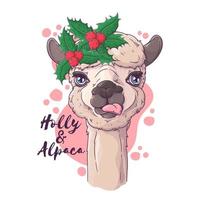 Hand drawn portrait of Christmas alpaca Vector. vector