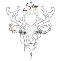 Hand drawn portrait of deer in accessories Vector. vector