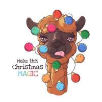 Hand drawn portrait of Christmas alpaca Vector. vector