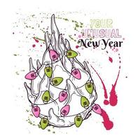 La fruta del dragón dibujada a mano vectorial está decorada con linternas de año nuevo. vector