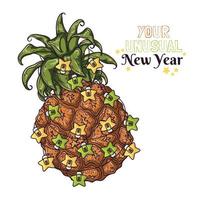 Vector hand drawn pineapple are decorated with New Year's lanterns.