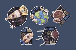 Hand drawn space stickers with thematic text collection Vector. vector