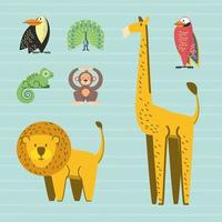tucán monos jirafas leones camaleón selva animales dibujos animados vector