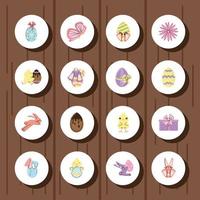Conjunto de iconos de cesta de flores de huevos de conejo de pascua feliz fondo de madera vector