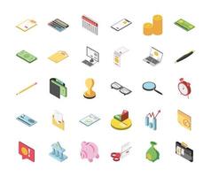 tax day clipboard calendar money document laptop computer glasses magnifier piggy bank icons isometric vector