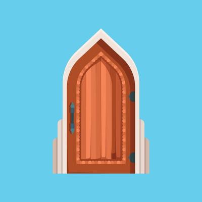 Medieval doors ancient wooden steel doors old building wall mysterious portal gates flat style medieval wooden door ancient gate castle illustration