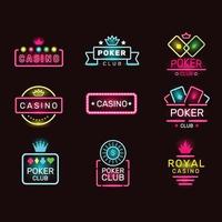 Casino neon badges poker club game logo colored lighting vegas style set casino club poker light neon gambling signboard illustration vector