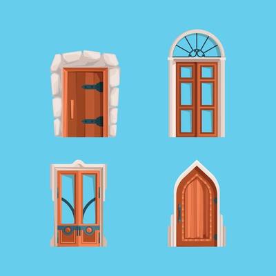 Medieval doors ancient wooden steel doors old building wall mysterious portal gates flat style medieval wooden door ancient gate castle illustration