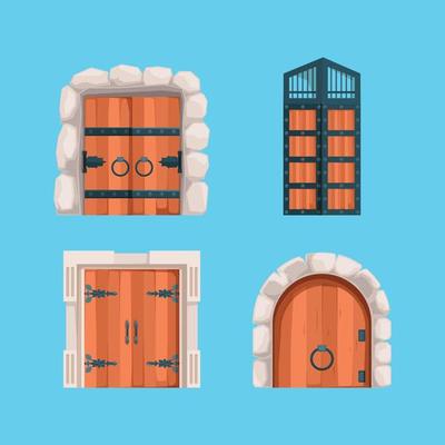 Medieval doors ancient wooden steel doors old building wall mysterious portal gates flat style medieval wooden door ancient gate castle illustration