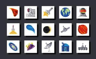 space icon collection with comet spaceship planet satellite antenna vector