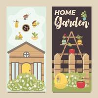 home garden fence watering can potted plant and shelves vector