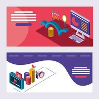 digital solutions, business computer financial and marketing advertising isometric vector