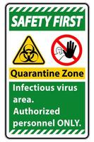 Safety First Quarantine Infectious Virus Area sign on white background vector