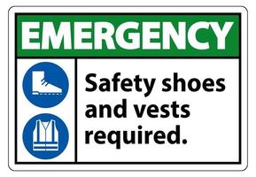 Señal de emergencia Se requieren zapatos y chaleco de seguridad con símbolos de ppe sobre fondo blanco, ilustración vectorial vector