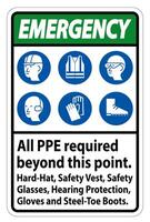 Emergency PPE Required Beyond This Point. Hard Hat, Safety Vest, Safety Glasses, Hearing Protection vector