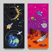 space science galaxy astronomy planet eclipse satellite rocket and antenna vector