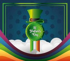 día de san patricio sombrero de duende bandera irlandesa y fondo de tréboles del arco iris vector