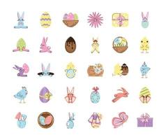 set easter rabbits eggs chicken flower basket gifts and butterfly icons vector